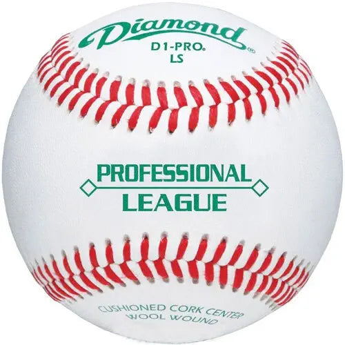Diamond D1-Pro "Low Seam" baseball with red stitching and green text.