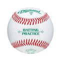 A white Diamond DBP Low Seam baseball with red stitching, centered and facing forward, featuring green "BATTING PRACTICE" text.