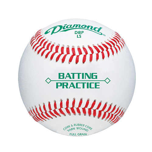 A white Diamond DBP Low Seam baseball with red stitching, centered and facing forward, featuring green "BATTING PRACTICE" text.