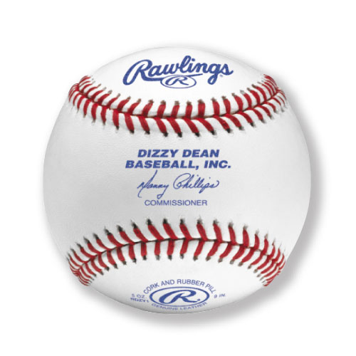 Rawlings Dizzy Dean baseball with red stitching, centered logo, and commissioner signature on a white leather surface.