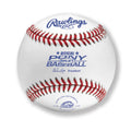 A white Rawlings PONY league baseball with red stitching, centered and facing forward on a plain white background.
