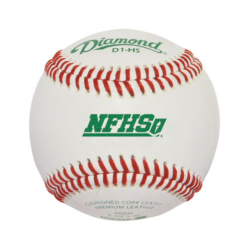 A white Diamond D1-HS baseball with red stitching, featuring green NFHS branding and text on a centered front view.