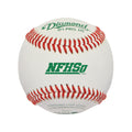 Diamond D1-PRO HS baseball with red stitching, green NFHS logo, and white leather, shown from a front-facing angle.