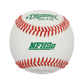 A white Diamond DOL-A HS baseball with red stitching and green NFHS branding, shown from a front-facing angle.