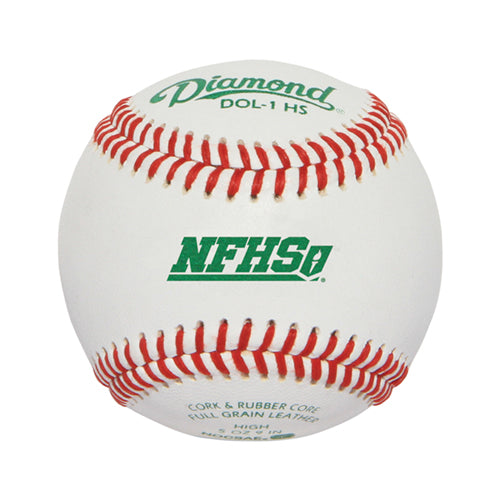 Diamond DOL-1 HS baseball with red stitching, green branding, and NFHS logo on a white leather surface.