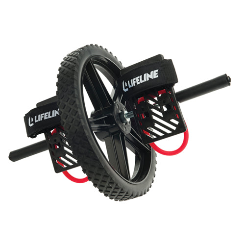 Lifeline Power Wheel exercise equipment featuring a black treaded wheel, foot straps, and red resistance bands on a rod.