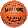 Spalding REACT TF-250 29.5" basketball in classic orange with black channels, centered front view.