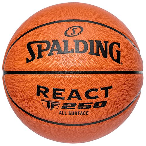 Spalding REACT TF-250 29.5" basketball in classic orange with black channels, centered front view.