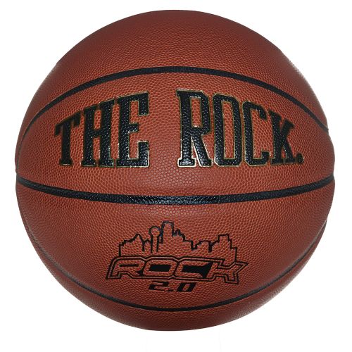 The Rock 2.0 basketball in brown leather with black seams, featuring gold text and a city skyline graphic.