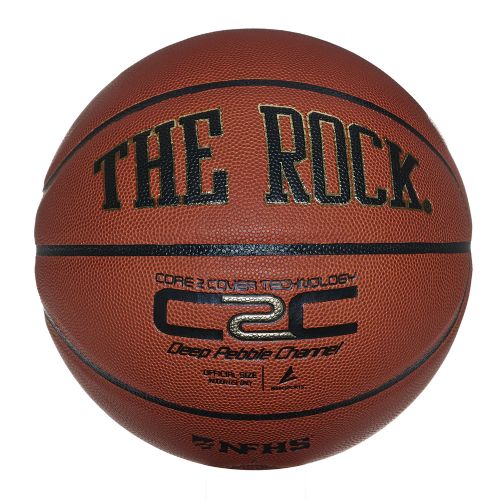 The Rock 29.5-inch basketball in brown leather with black channels, C2C branding, and NFHS logo against a white background.