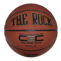 The Rock 29.5-inch basketball in brown leather with black channels, C2C branding, and NFHS logo against a white background.