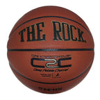 The Rock 29.5-inch basketball in brown leather with black channels, C2C branding, and NFHS logo against a white background.