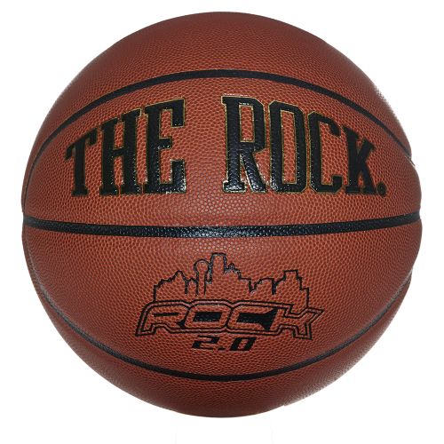 A brown leather basketball with black seams, featuring "THE ROCK" text and a city skyline logo with "ROCK 2.0" branding.