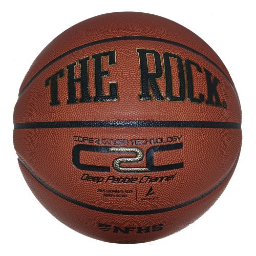 The Rock 29.5" basketball featuring C2C technology, deep pebble channels, and NFHS branding on a brown leather surface.