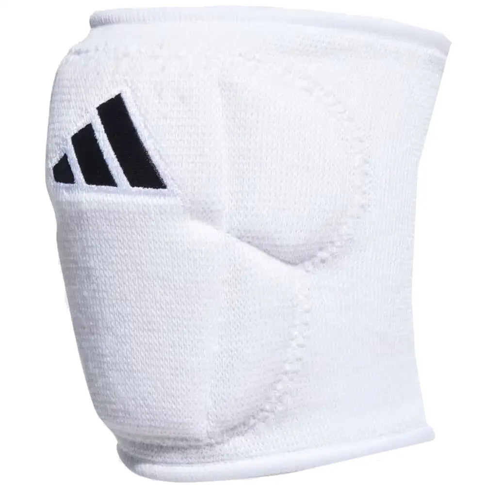 White Adidas adult volleyball kneepads with black logo, shown from the side.