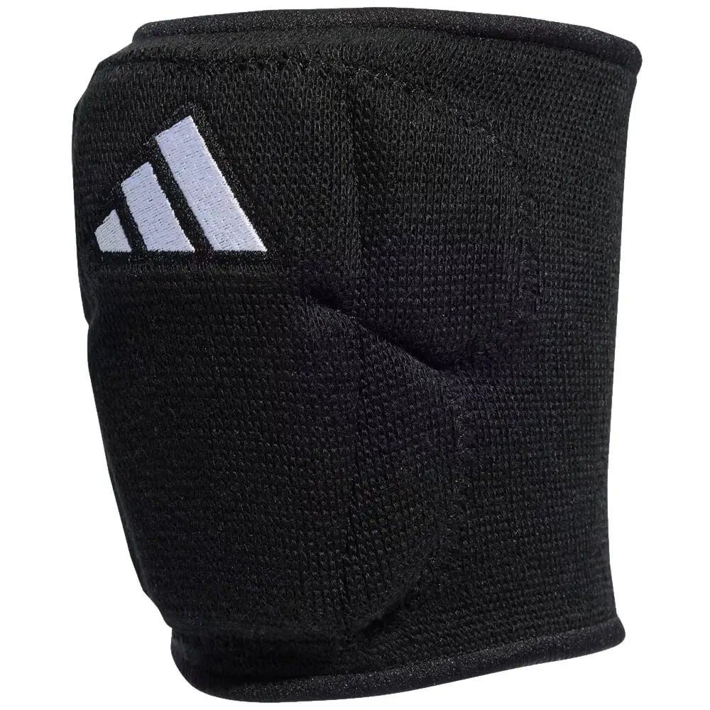 Black Adidas adult volleyball kneepads with white logo, angled view.