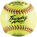 Dudley Thunder Heat 12-inch yellow fastpitch softball with red stitching, centered front view.