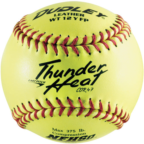 Dudley Thunder Heat 12-inch yellow fastpitch softball with red stitching, centered front view.