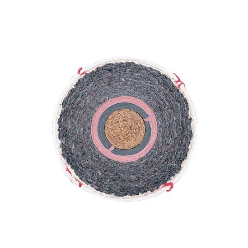 A cross-section view of a Wilson A1010BPROSST baseball showing its cork center, rubber core, and wound yarn layers.