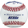A white MacGregor #97 baseball with red stitching, featuring "Major League" and "NFHS" branding in blue text.