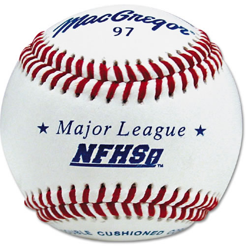 A white MacGregor #97 baseball with red stitching, featuring "Major League" and "NFHS" branding in blue text.