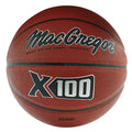 MacGregor X100 composite basketball in orange with black seams, shown from a direct front-facing angle.