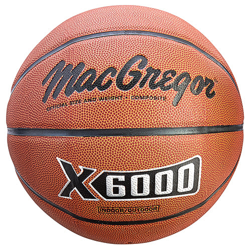 A MacGregor X6000 composite basketball in orange with black seams, centered against a white background.