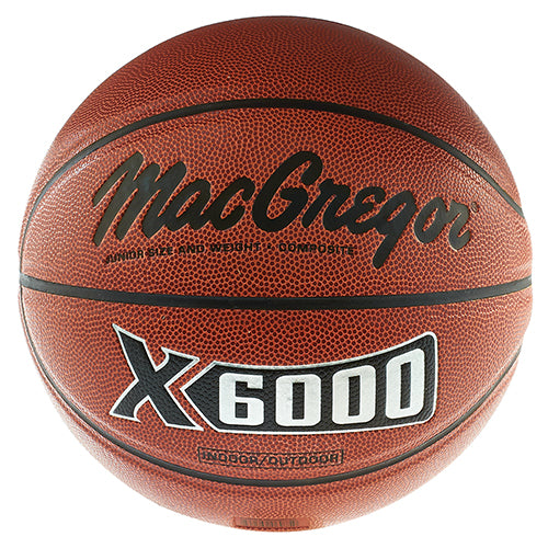 A front-facing view of a brown MacGregor X6000 junior-sized composite basketball with black seams and bold white lettering.