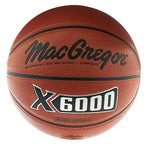 MacGregor X6000 intermediate size basketball in brown composite leather with black seams, shown from a front-facing angle.