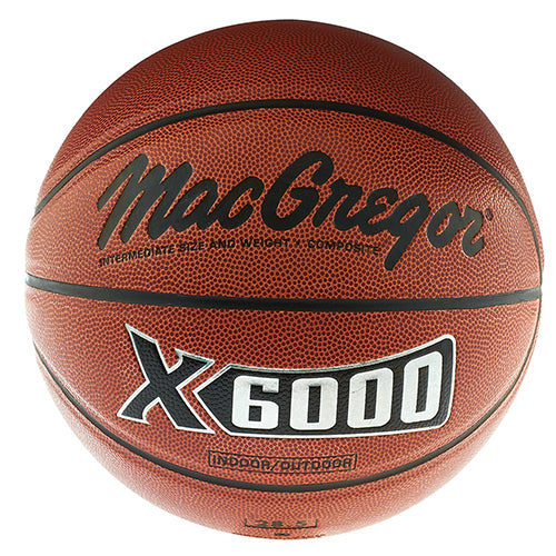 MacGregor X6000 intermediate size basketball in brown composite leather with black seams, shown from a front-facing angle.
