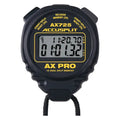 Black Accusplit AX725PRO stopwatch with a digital display showing time and split times.