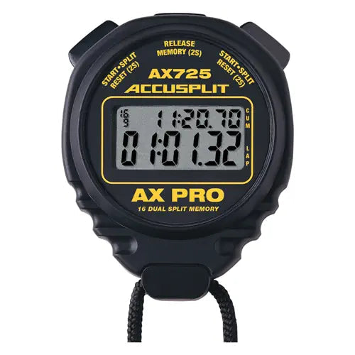 Black Accusplit AX725PRO stopwatch with a digital display showing time and split times.
