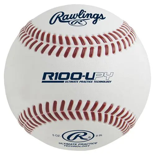 Rawlings R100-UPY molded baseball in white with red stitching, centered on a white background.