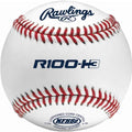 Rawlings R100-H3 baseball with red stitching, white leather, and NFHS branding, shown from a front-facing angle.