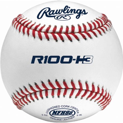 Rawlings R100-H3 baseball with red stitching, white leather, and NFHS branding, shown from a front-facing angle.