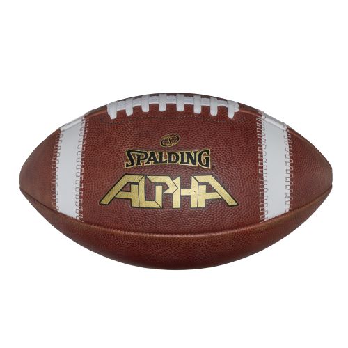 Spalding Alpha football in brown leather with white stripes and gold lettering, centered against a white background.