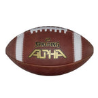 Spalding Alpha football in brown leather with white stripes and gold lettering, centered against a white background.