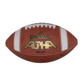 A Spalding Alpha youth football in brown leather with white stripes and gold lettering, shown from a side profile.