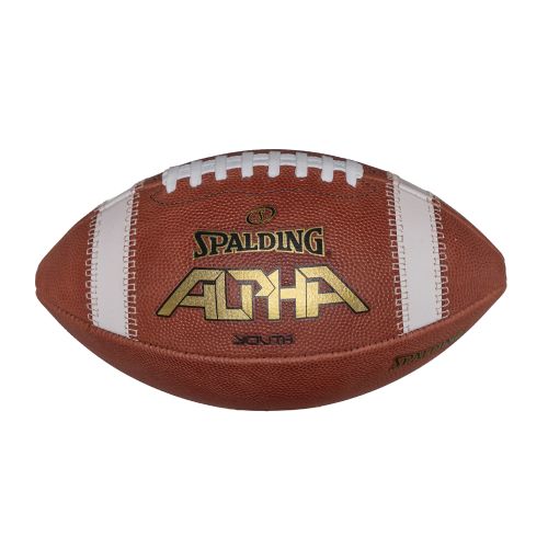 A Spalding Alpha youth football in brown leather with white stripes and gold lettering, shown from a side profile.