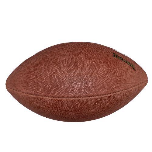 A brown Spalding Alpha football shown from a side angle, featuring a textured leather surface and gold branding.