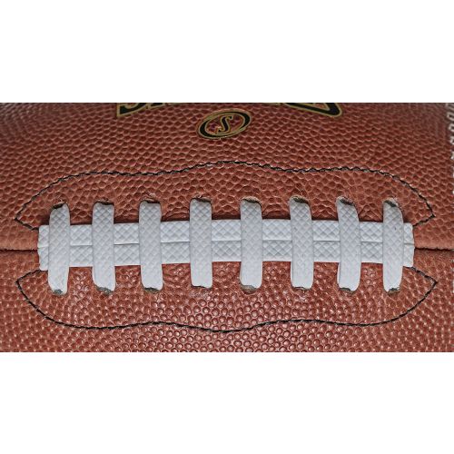 Close-up of a brown Spalding Alpha football featuring white laces and a textured leather surface.