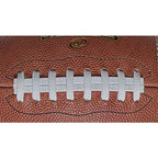 Close-up of a brown Spalding Alpha football featuring white laces and a textured leather surface.