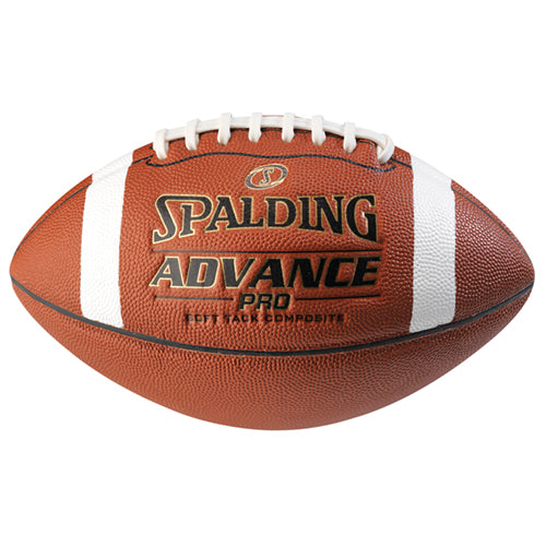 Spalding Advance Pro youth football in brown composite leather with white stripes and black laces, shown from a side angle.