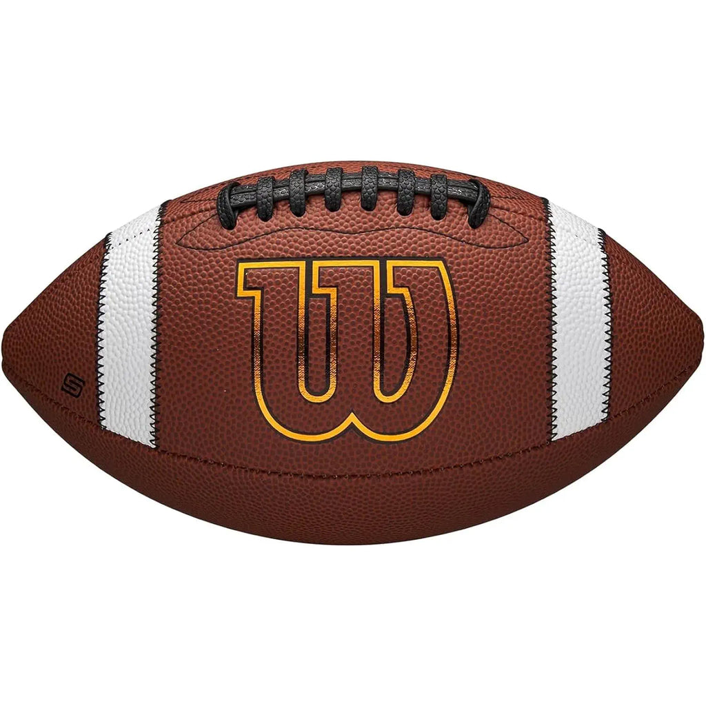 Brown Wilson GST Speedskin football with white stripes and yellow "W" logo, angled to show laces.