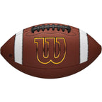 Brown Wilson GST Speedskin football with white stripes and yellow "W" logo, angled to show laces.