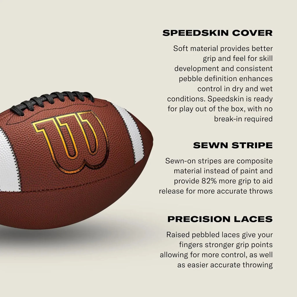 Wilson GST Speedskin football, brown with white stripes and gold "W" logo, angled view.