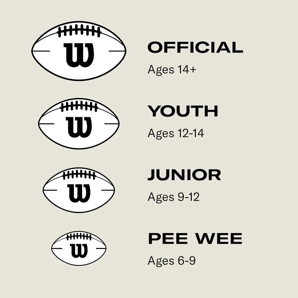 Four Wilson footballs in varying sizes, each with a black "W" logo, labeled Official, Youth, Junior, and Pee Wee.