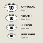 Four Wilson footballs in varying sizes, each with a black "W" logo, labeled Official, Youth, Junior, and Pee Wee.