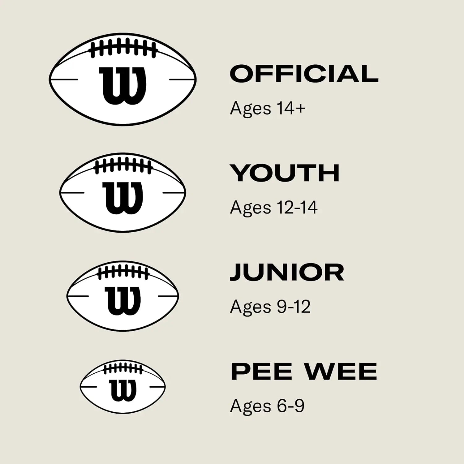 Four Wilson footballs in varying sizes, each with a black "W" logo, labeled Official, Youth, Junior, and Pee Wee.