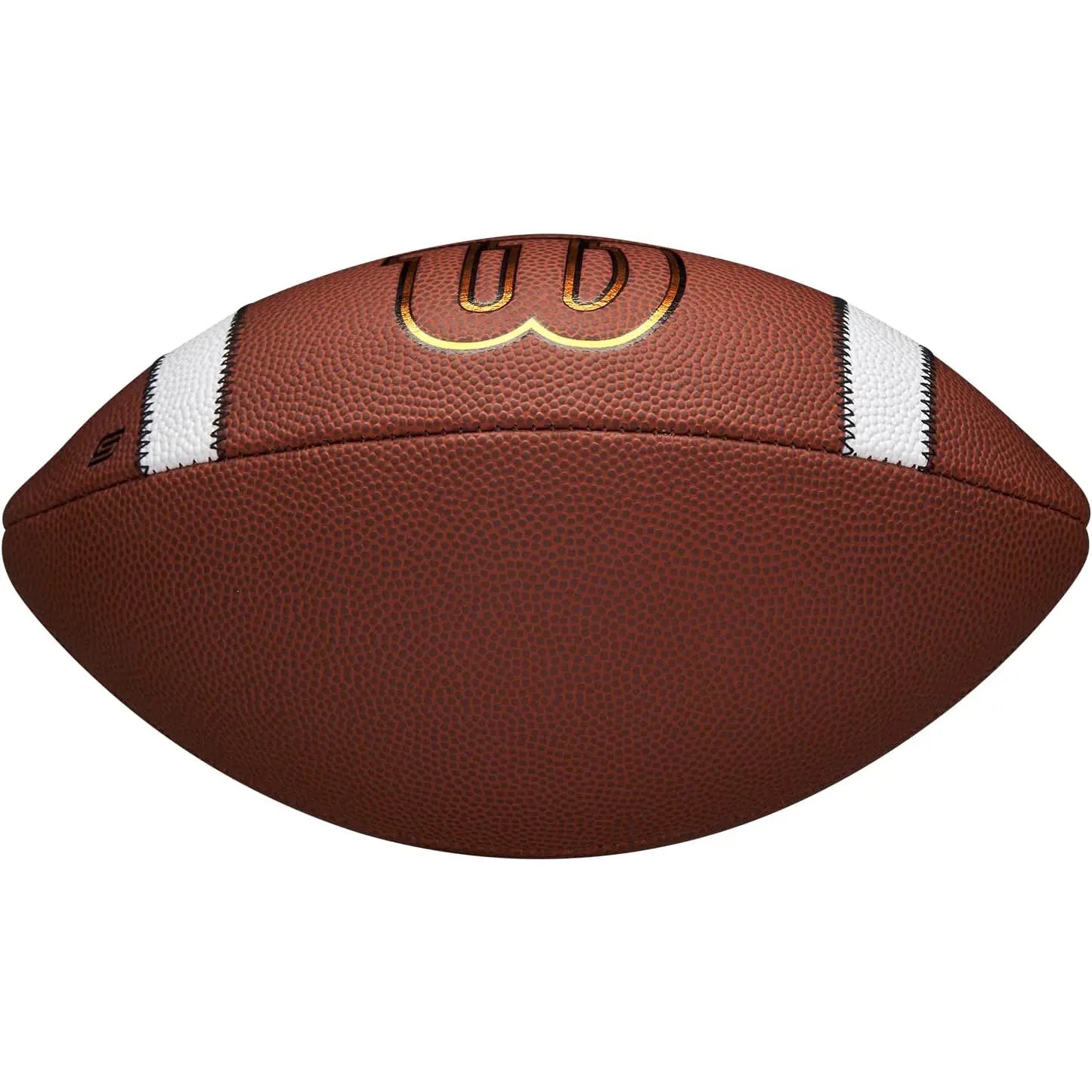 Wilson GST Speedskin football, brown with white stripes and gold logo, side view.